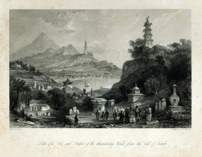 Lake See-Hoo and the Temple of the Thundering Winds, from the Vale of Tombs, engraved by J.C. Bentley, 1843 by Thomas Allom